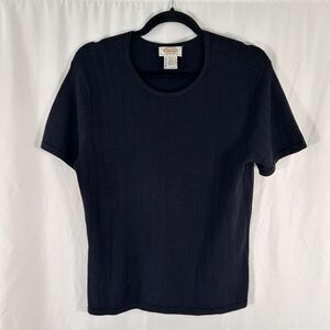 Talbots Silk Blend Shirt Women's Large Solid Black Knit Short Sleeve Round Neck
